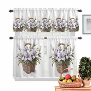 White Purple Lily Kitchen Curtains Valances 3 Piece Set, Spring Vintage Flower Floral Leaves Brown Basket Rod Pocket Tier Curtain and Valance Drapes for Small Window 24 Inch Length for Bedroom Cafe