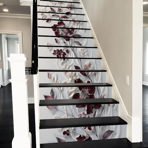 White Purple Modern Aesthetic Flower Peel and Stick Vinyl Stair Riser Decals Staircase Tile Stair Stickers Abstract Art Modern Decoration Self-Adhesive Home Decor Stair Decals (14 Pcs)$$Tools
