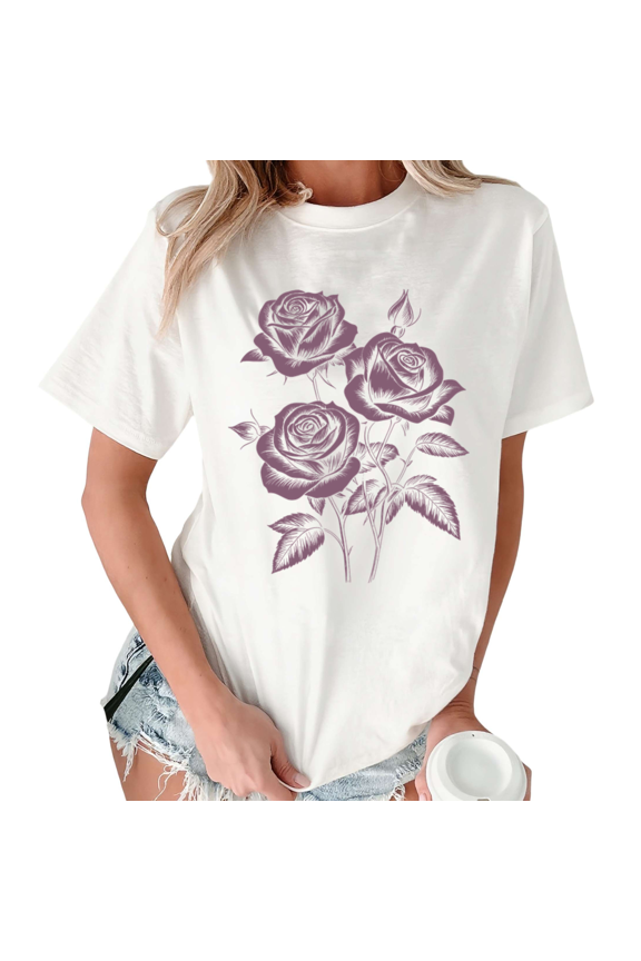 White Purple Rose Floral Print Tshirts Botanical Streetwear Graphic Tee S-5XL Advanced Tops