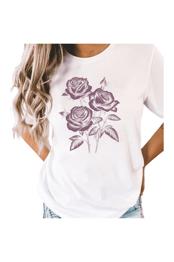 White Purple Rose Floral Print Tshirts Botanical Streetwear Graphic Tee S-5XL Tops