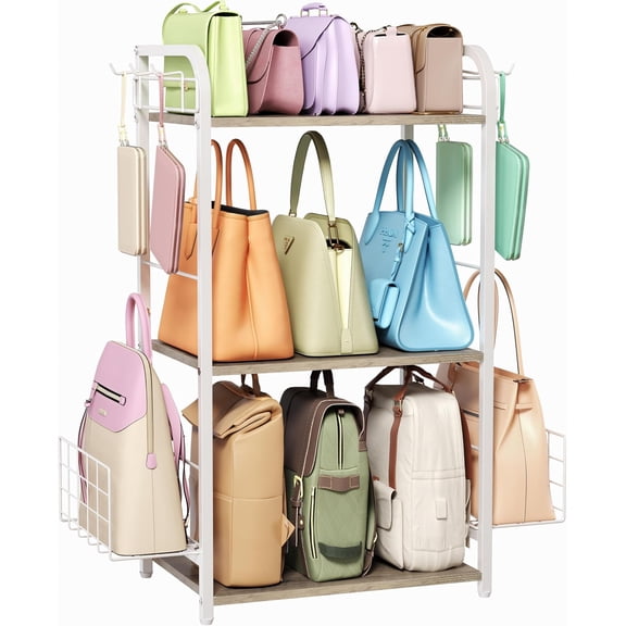 White Purse Organizer, 3-Tier Floor Standing Bag Rack Stand Featuring Side Hooks and Baskets, Adjustable Feets, High Capacity  &  Handbag Holder Design for Closet Storage,  Pending