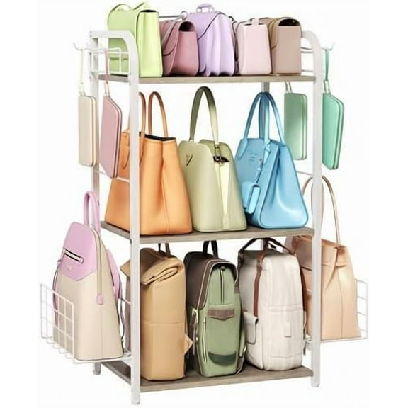 White Purse Organizer, 3-Tier Floor Standing Bag Rack Stand Featuring Side Hooks and Baskets, Adjustable Feets, High Capacity Metal & Wood Handbag Holder Design for Closet Storage, Patent Pending