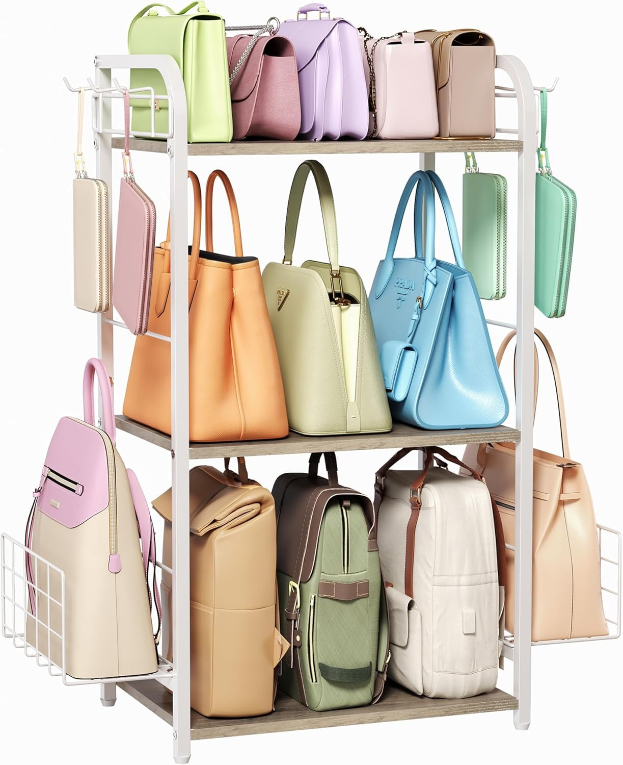 Hoobro 3 Tier Purse Organizer For Closet Multi Functional Purse Rack With 6 Hooks Floor Standing - View #9