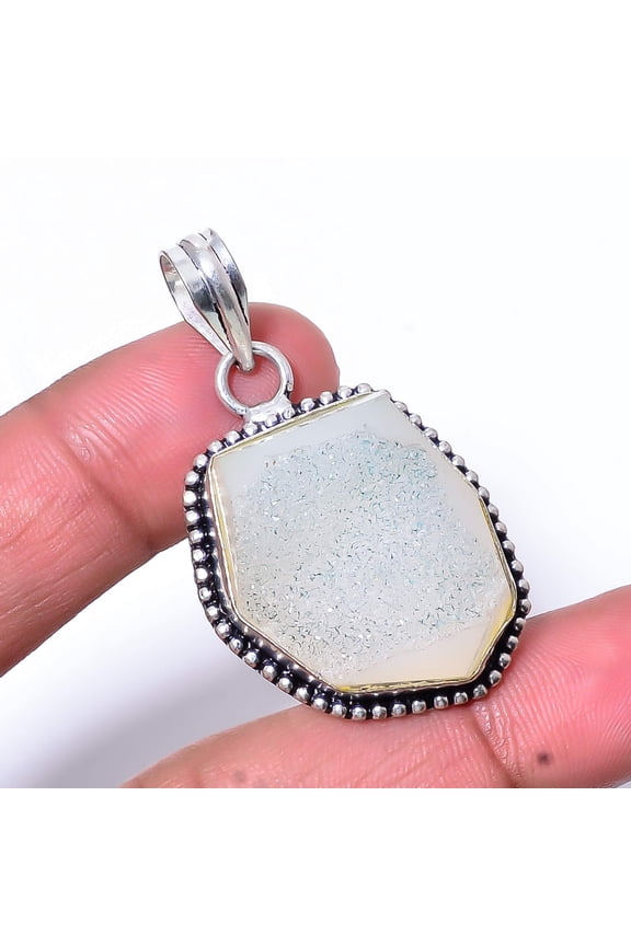 White Quartz Drusy - India Handmade 925 Sterling Silver Pendant 1.76" P37