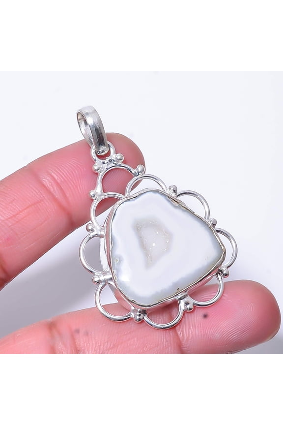 White Quartz Drusy - India Handmade 925 Sterling Silver Pendant 1.95" P78
