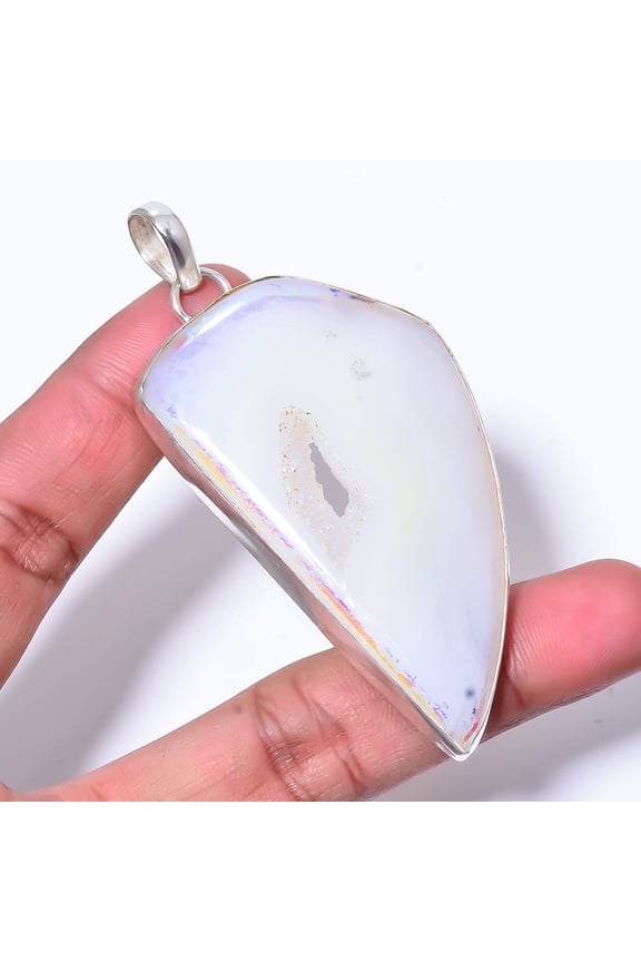 White Quartz Drusy - India Handmade 925 Sterling Silver Pendant 3.12" P42