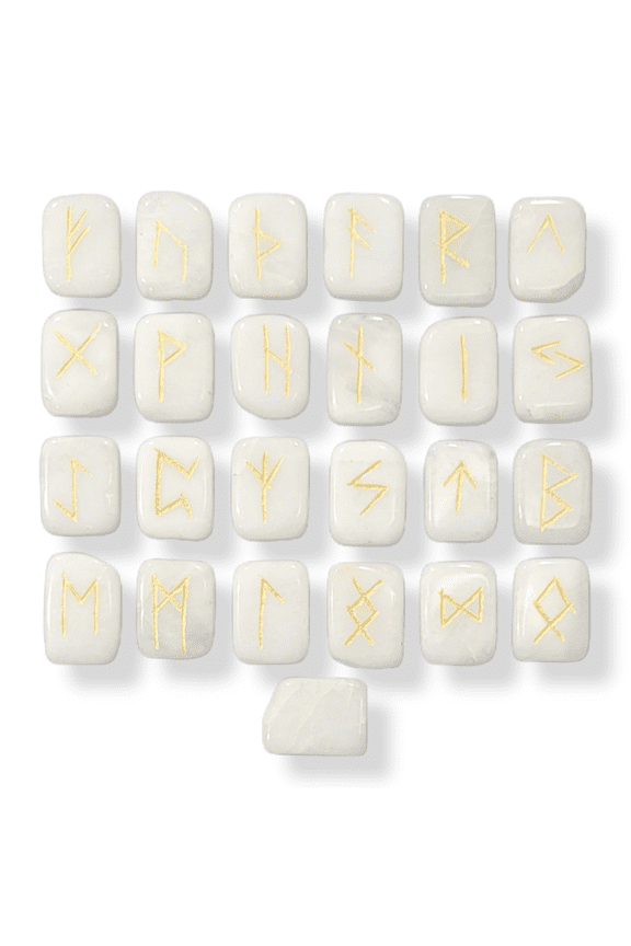 White Quartz Runes Crystal Rune Stones Set Elder futhark Viking Gemstone Reiki Healing golden Engraved Runic alphabets