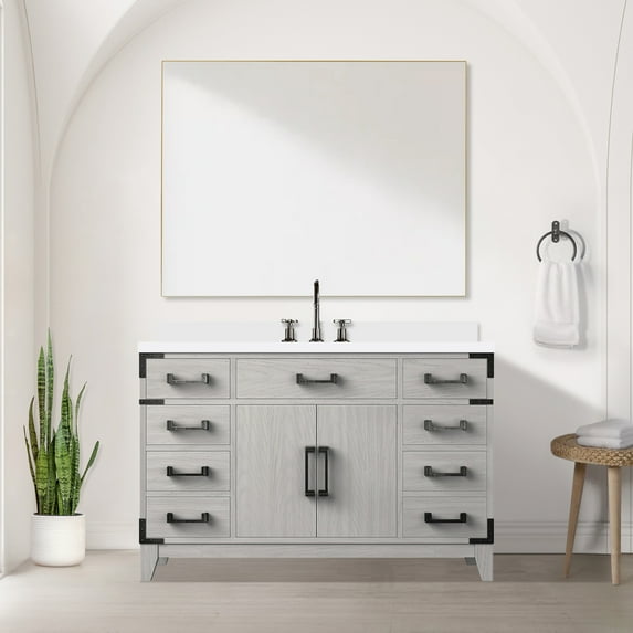 White Quartz Top Bath Vanity 48"x22" - Oak With 46" Mirror & Soft Close Drawers Abundant Interior Storage 48 In W X 22 D Bathroom Cabinet And 46 In. Copious Drawer Space