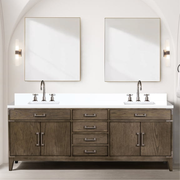 White Quartz Topped 84 In. Double Bath Vanity Grey Oak - Solid Wood, Soft Close, Two Cabinet & Open Shelf Combos 84" W With Sealed Four Drawer Sections