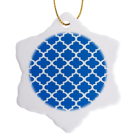 3drose, White Quatrefoil Pattern Outline with Royal Blue Background, 3 inch Snowflake Porcelain Ornament