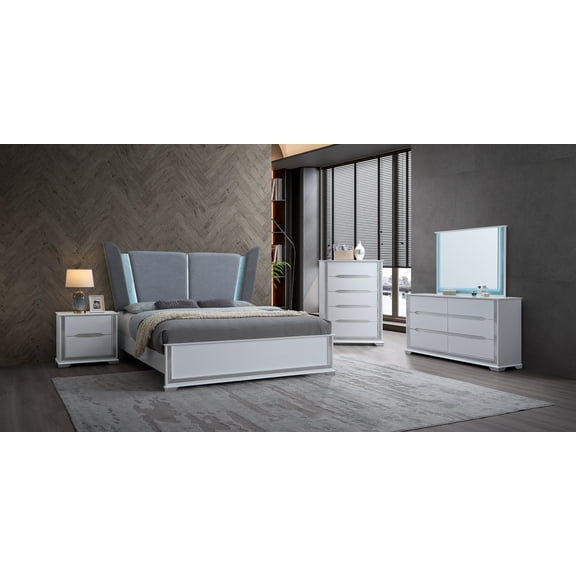 White Queen Bed Upholstered Headboard Bluetooth Speaker LED Furniture 5pc Set