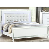 White Queen Bed With Modern Upholstery, Mirror Front And Crystal Led Headboard In Elegant Style Size Upholstered Lights