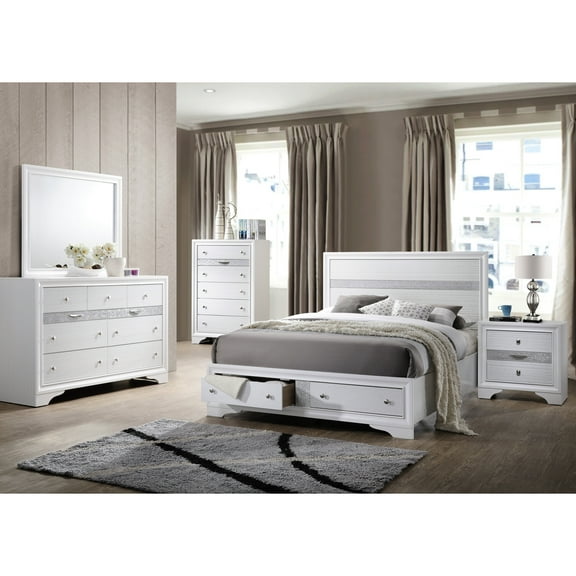 White Queen Bedroom 5 Piece - Traditional With Storage Bed, 7 Dresser, Classic Mirror, 5 Chest, Mirror Pc For Wood Bed Storage, Nightstand, Led Dimming Capability