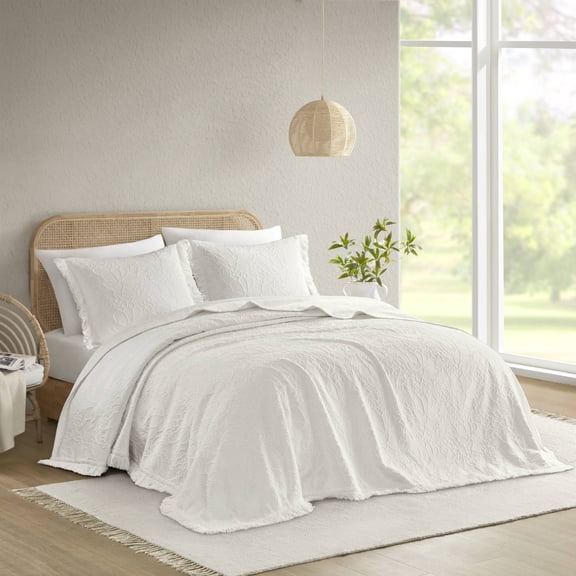 White Queen Bedspread Set 3-Piece, Chenille Floral Design with Fringe, Cotton Polyester Blend
