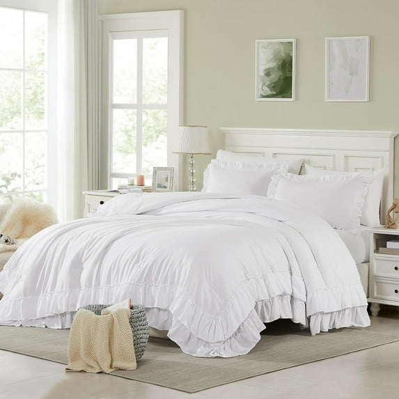 White Queen Comforter Set, 3Pcs Ruffle Comforters Queen Size Farmhouse Bedding Sets with Comforter, Lightweight Fluffy Soft Shabby Chic Bedding Comforter Sets