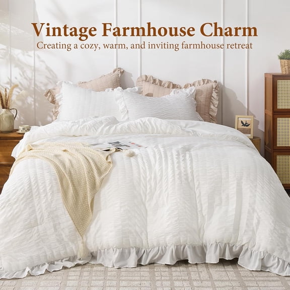 White Queen Comforter Set 3pcs Ruffle Seersucker Bedding Lightweight Soft Shabby Chic All Season