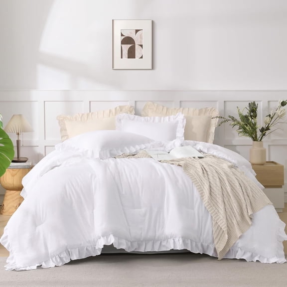 White Queen Comforter Set 3pcs Ruffle Shabby Chic Bedding Lightweight Fluffy All Season Room Decor for Girls Women Teens