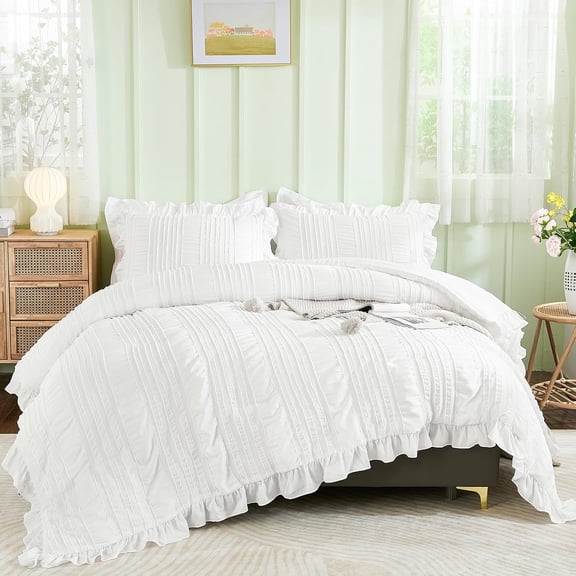 White Queen Comforter Set,Boho Ruffle Comforter for Queen Bed,Soft Seersucker Shabby Chic Bedding Set with 1 Comforter,2 Tufted Pillowcases 90"90"