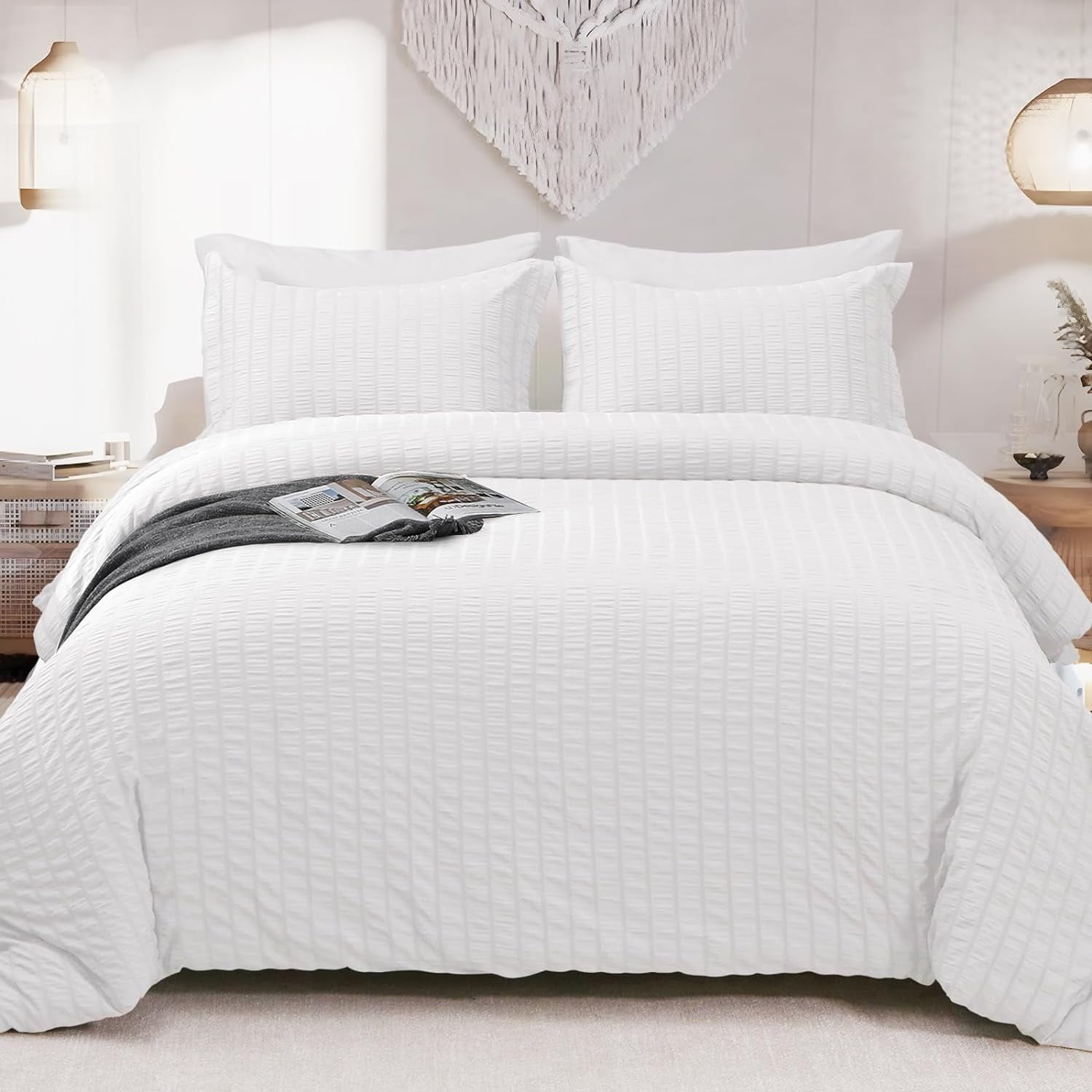 White Queen Comforter Set Seersucker 7 Pieces, All Season Luxury Bed in