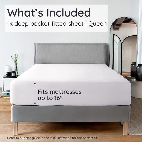 White Queen Fitted Sheet with Elastic Corner Straps, Viscose Derived from Bamboo, 16'' Deep Pocket, Queen Size