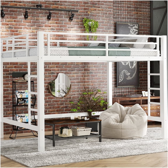 White Queen Loft Bed Frame with Ladder & Guardrail, Sturdy Metal High Sleeper Space Saving Design for Bedroom