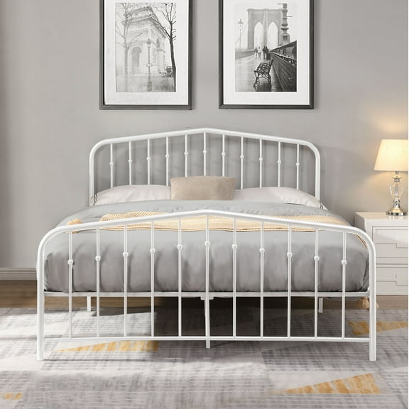 White Queen Metal Platform Bed (Fully Slated)
