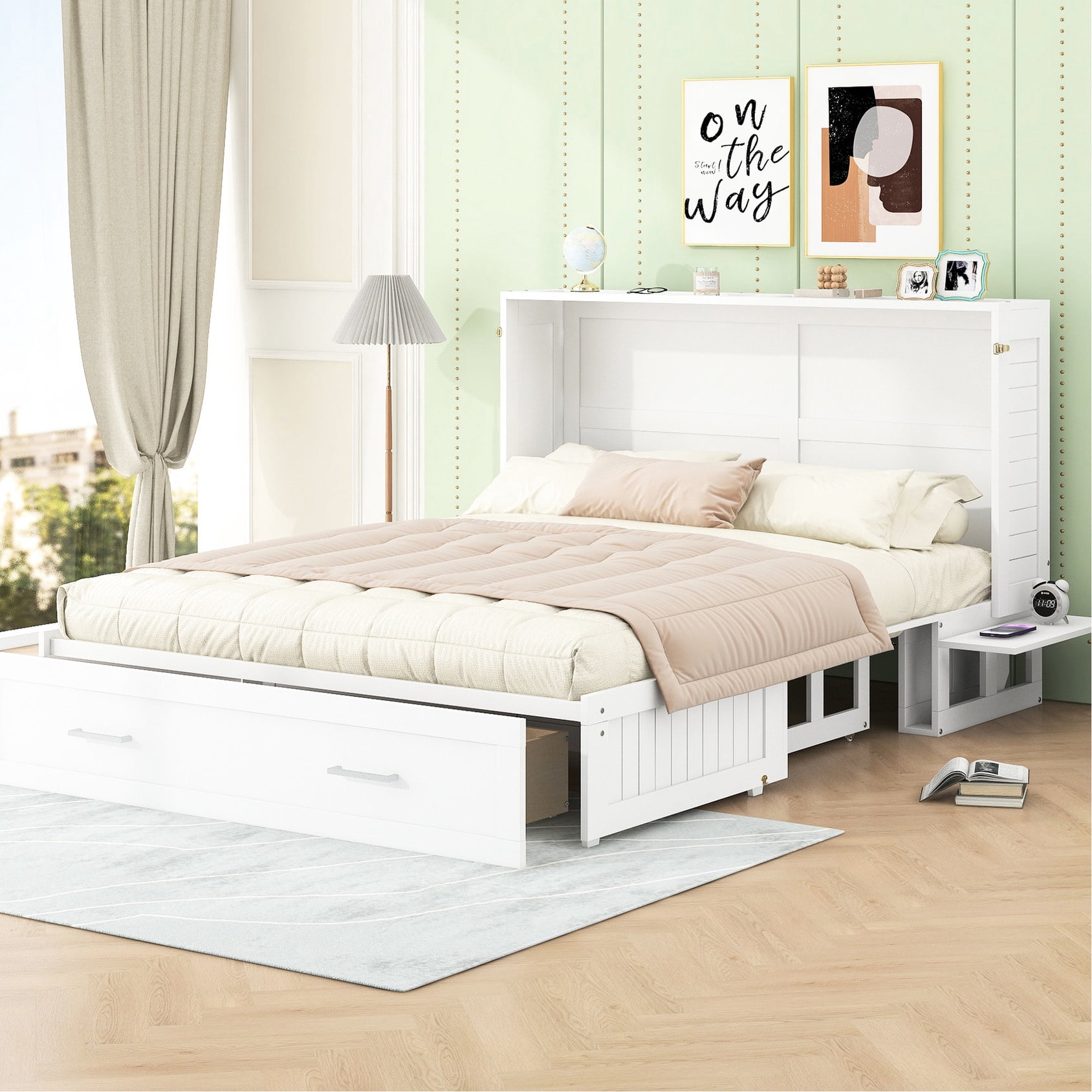 White Queen Murphy Bed with Side Shelves / Fold to Wall, Create Stylish ...