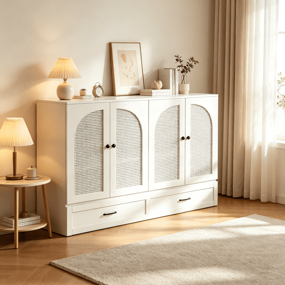 White Queen Murphy Bed with Storage Drawers, Space Saving Wall Bed Cabinet for Guest Room, Home Office, Multifunctional Furniture