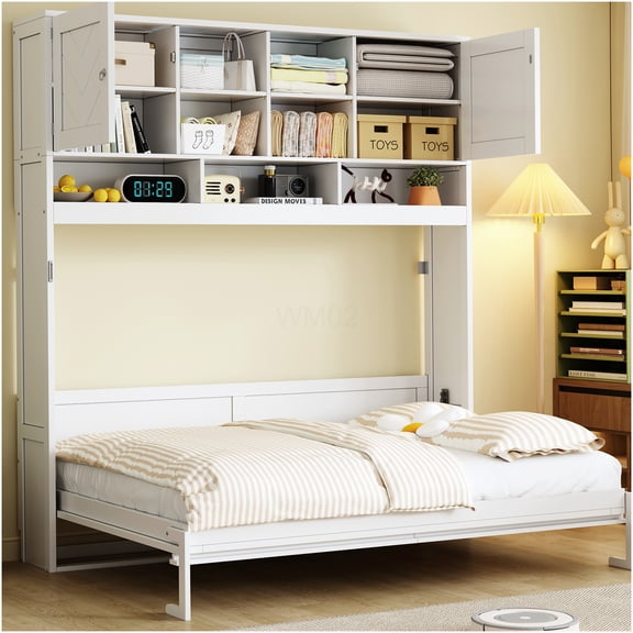 White Queen Murphy Bed with Storage, Space Saving Wall Bed, Modern Wood Cabinet with Chevron Design