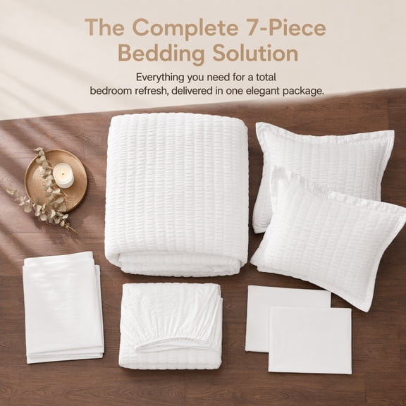 White Queen Seersucker Comforter Set 7-Piece Bed in a Bag, All Season 240 GSM Down Alternative Bedding with Comforter, Flat & Fitted Sheets, Pillowcases & Shams