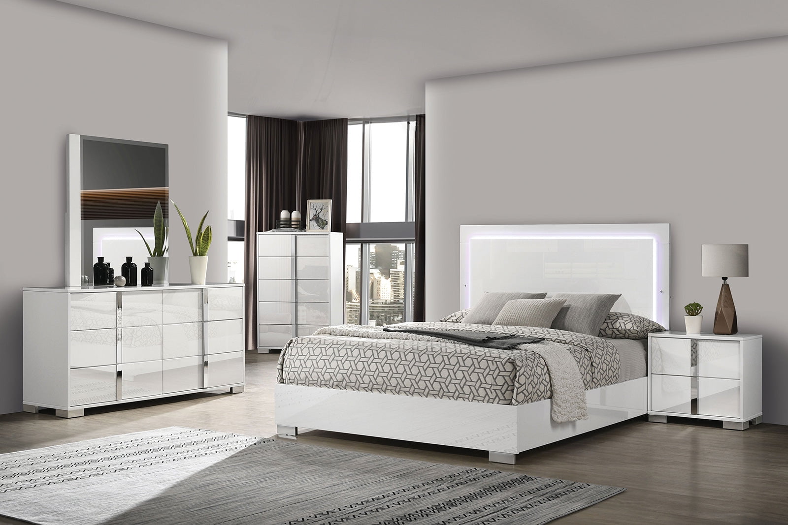 White Queen Size Bed 6pc Set Bed w LED Dresser Mirror Nightstands Chest ...
