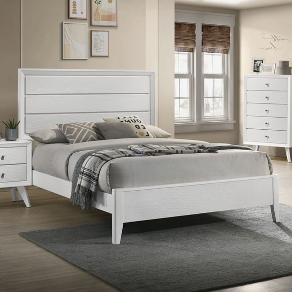 White Queen Size Bed Panel Headboard Wave Texture Bedroom Furniture Wooden 1pc Bedframe