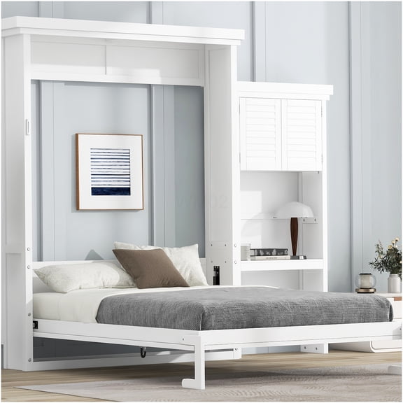 White Queen Size Murphy Bed with Storage Cabinet, Space Saving Wall Bed with Louvered Doors, No Box Spring Needed