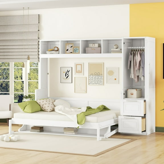 White Queen Size Murphy Wall Bed! Spacious closet, handy drawers included. Maximize room space, create a stylish, functional bedroom!