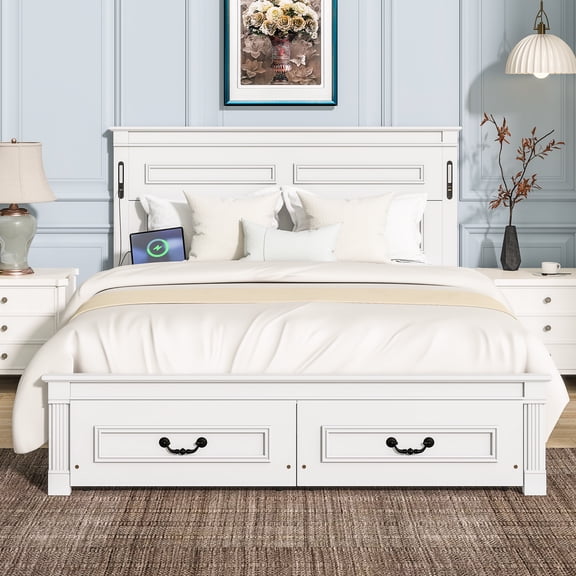 White Queen Size Platform Bed Frame with Tall Headboard & Footboard, 2 Storage Drawers, Built-in LED Lights & USB Charging Ports, Solid Pinewood Bed