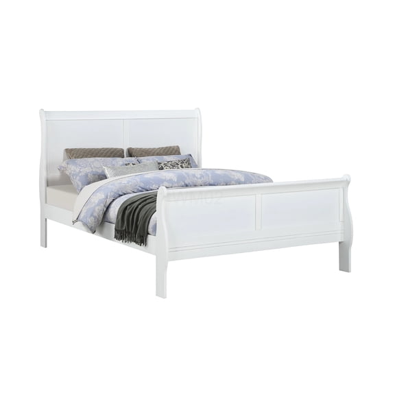 White Queen Sleigh Bed Frame, Modern Farmhouse Solid Wood Platform Bed with Bracket Feet, No Box Spring Needed