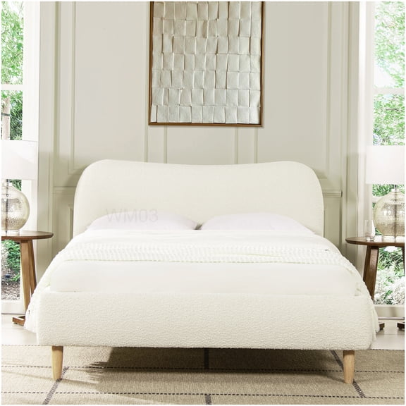 White Queen Upholstered Bed with Curved Headboard, Boucle Fabric Platform Frame, No Box Spring