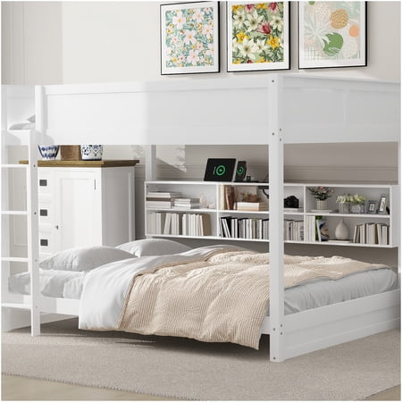 White Queen over Queen Bunk Bed with Storage Drawers, USB Charging Station & Built-In Power Outlets, Space Saving Bed Frame