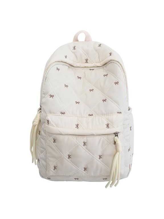 White Quilted Bow Embroidery Backpack, Tassel Drawstring Casual Daypack