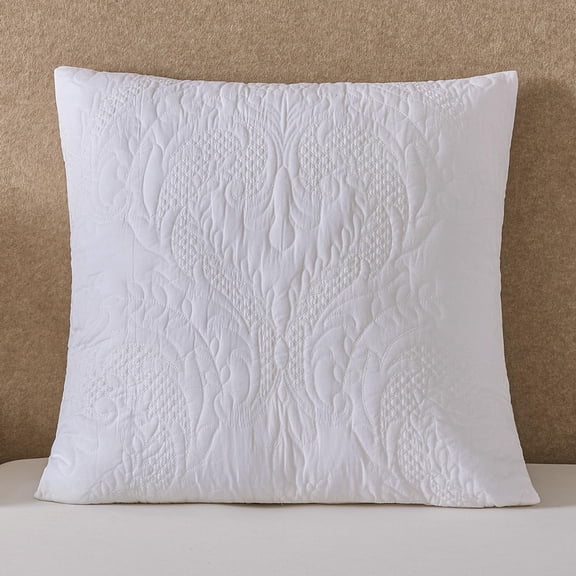 White Quilted Euro Sham Damask 26x26 Set Of 2 Embroidered Floral Textured European Pillow Cover Decorative Large Square Pillowcase Sofa Bed Bright Vintage