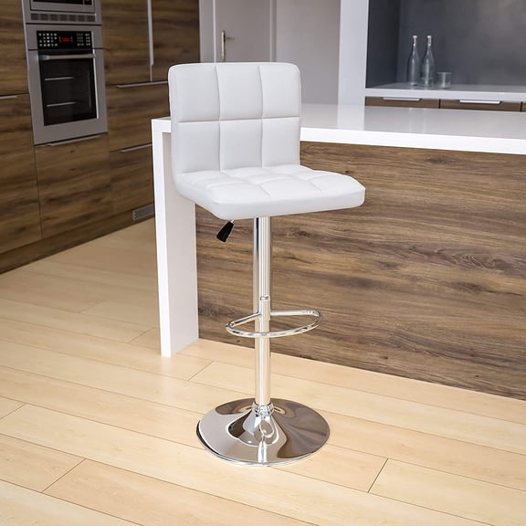 White Quilted Vinyl Adjustable Height Barstool with Chrome Base