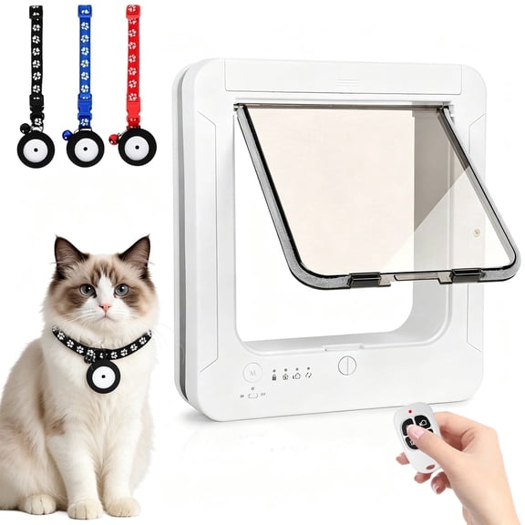 White RFID Cat Door with 4-Way Locking, Automatic Flap for Interior & Exterior Walls, Doors & Windows, 7.67" x 7" Opening, Includes 3 Waterproof Collar Keys & Remote Control