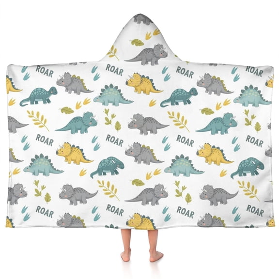 White ROAR Text Dinosaurs Pattern Hooded Bath Towel,50"x30" for Ages 3 To 12 Kids, Quick Dry Lightweight Soft Microfiber Hood Beach Towel Cover Up for Kids