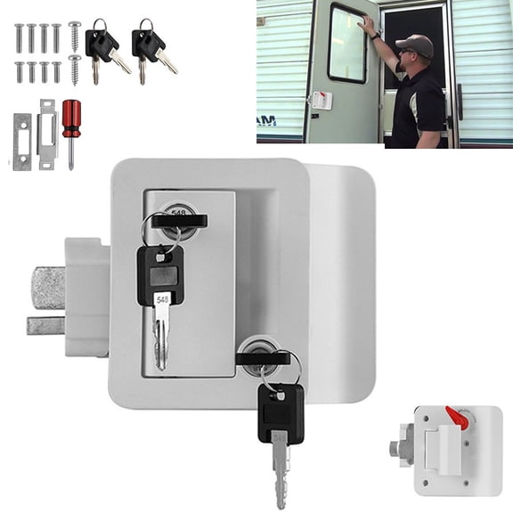 White RV Paddle Entry Door Lock Latch Handle Knob Deadbolt Camper Trailer with 4 Keys Camper Door Lock for Travel Trailers ,Durable Material