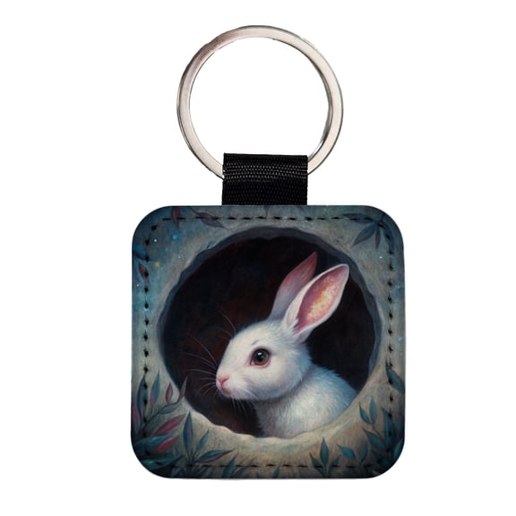White Rabbit Bunny In A Dark Hole Faux Leather Square Keychain