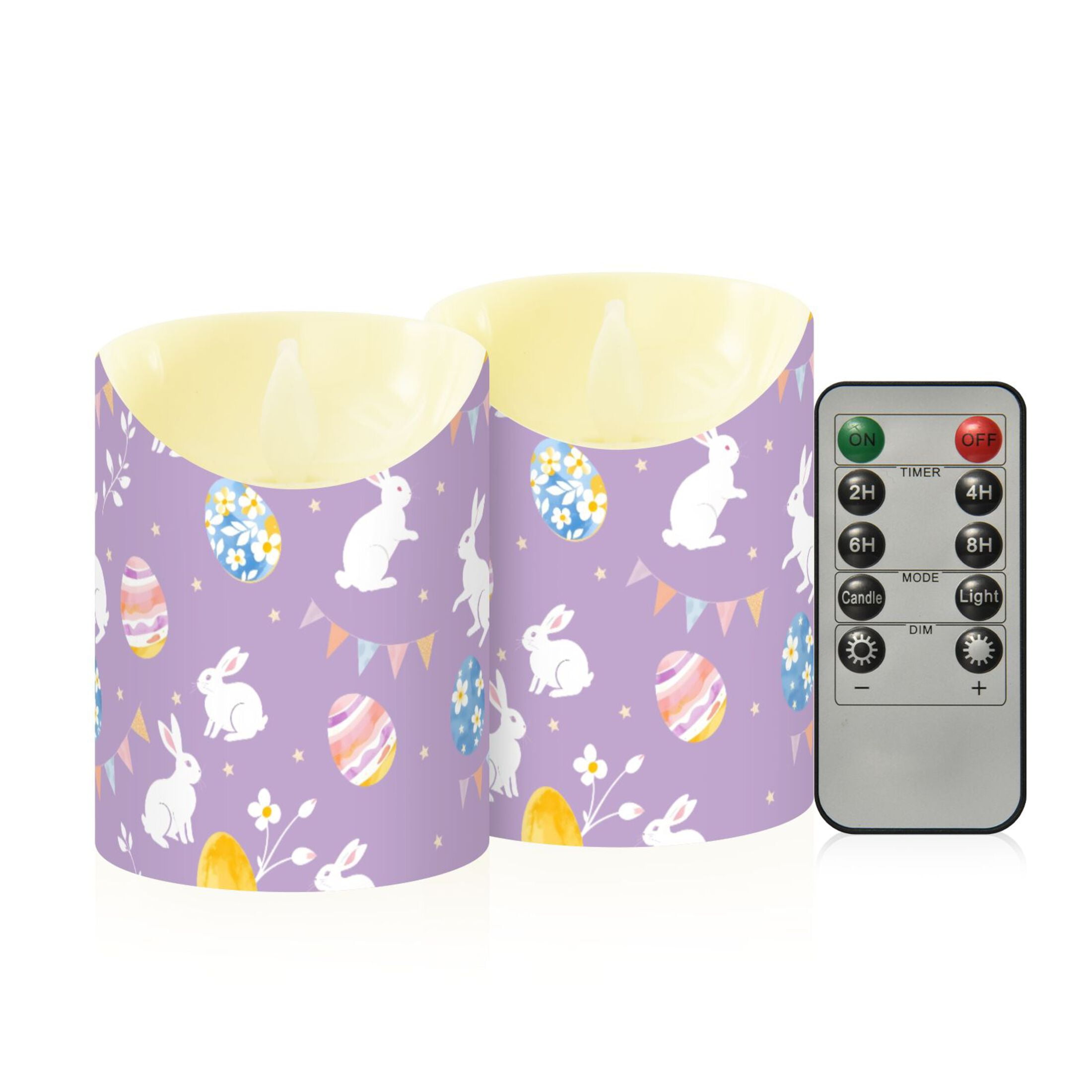 White Rabbit Colorful Easter Egg Pattern Flameless Candles 2 PCS with Remote Realistic Moving Flame LED Tapered Pillar Set for Home Decor