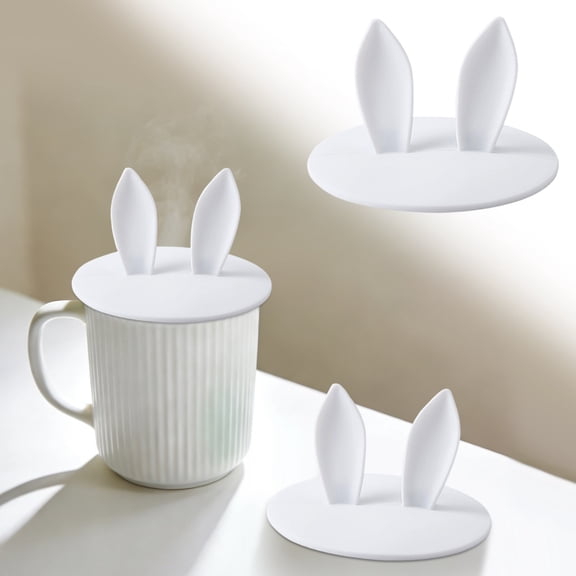 White Rabbit Ear Silicone Cup Lid 1 Pack 10cm Cute Bunny Shaped Suction Lid for Coffee Tea Cups Bowls Dust Bug Protection Reusable Kitchen Drinkware