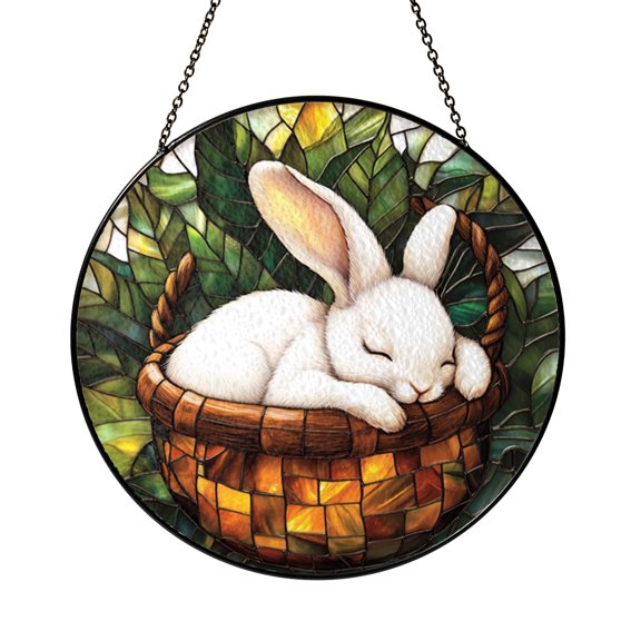 White Rabbit Floral Stained Glass Window Decor, Garden Hanging Art Panel Accent Gift Idea