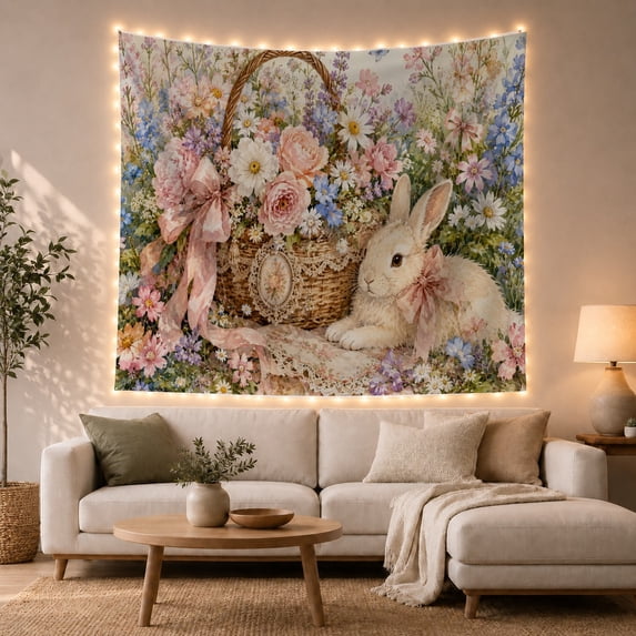 White Rabbit with Flower Basket Against Wildflower Meadow, Romantic Illustration for Animal Lovers, Floral Wall Art, Housewarming Gift, Tapestry Wall Hanging for Bedroom and Nursery