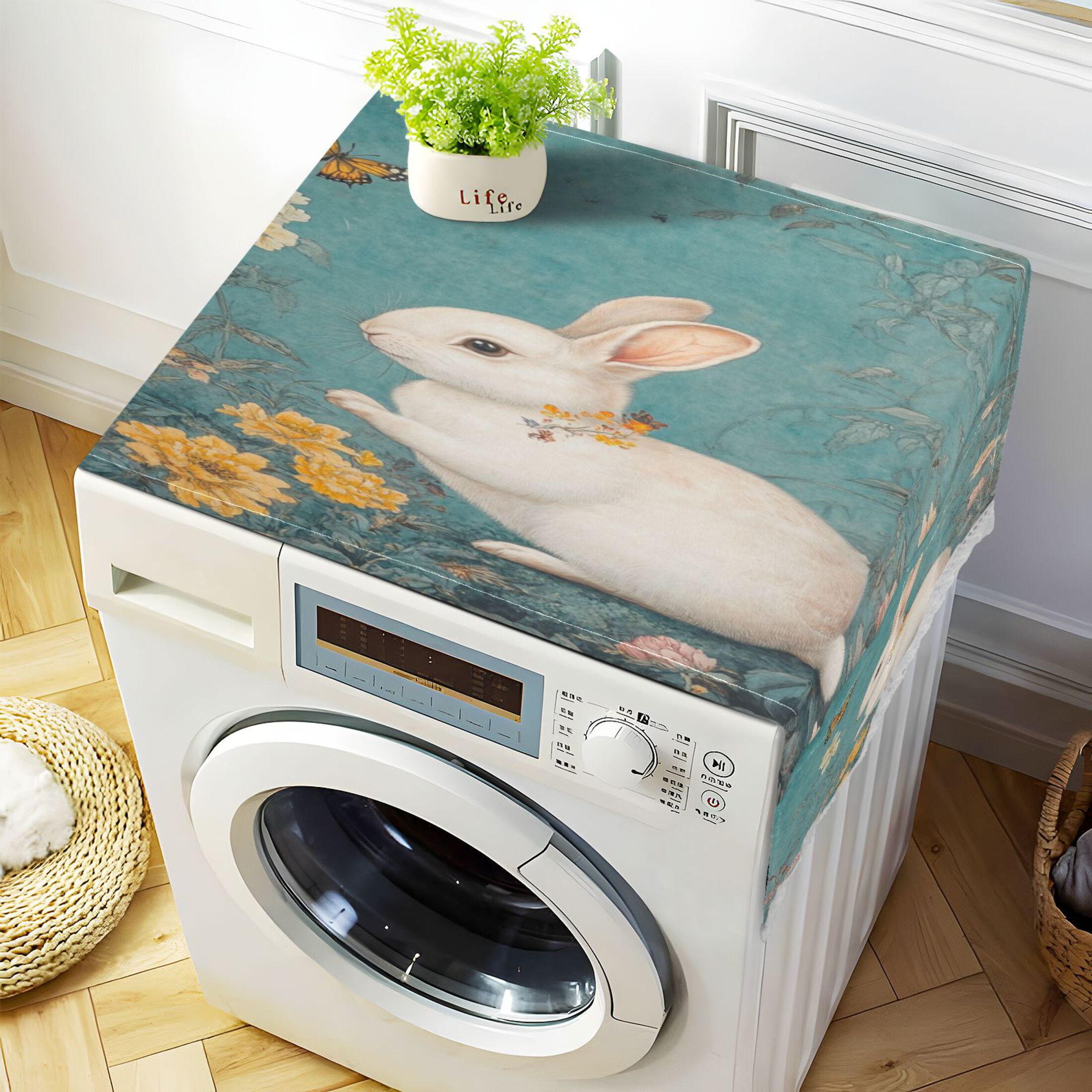 White Rabbit in Flower PatternWasher and Dryer Covers Dust-Proof and Oil Resistant Fridge Cover with 4 Storage Pockets Washing Machine Top Cover for Laundry Kitchen Home 51.2 x 22 In
